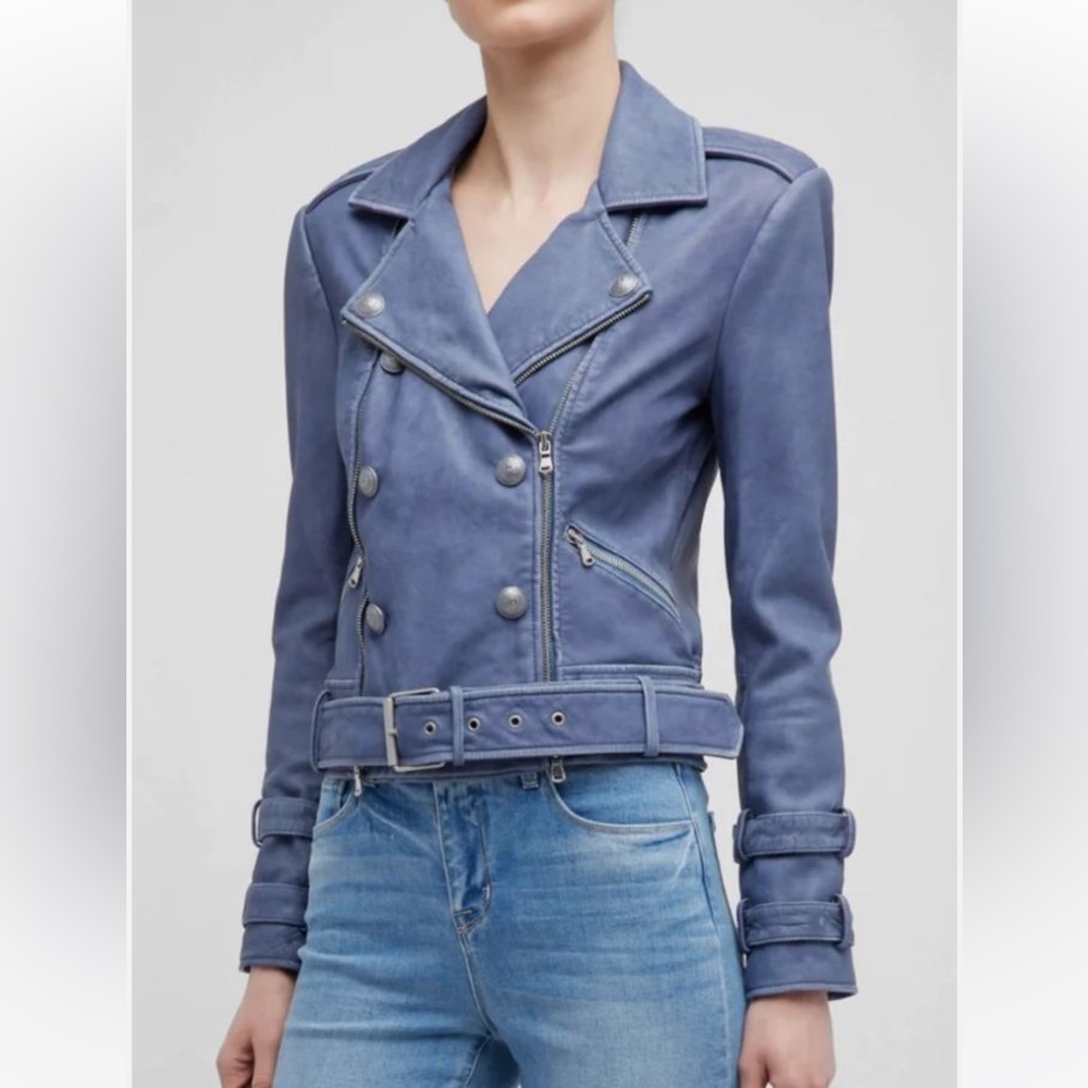 L'AGENCE Billie Blue Leather Double-Breasted Motorcycle Jacket. Size Small. New